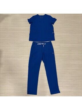 FIGS Royal Blue Scrub Set Womens Casma 3 Pocket Top Yola High Rise Pants Small